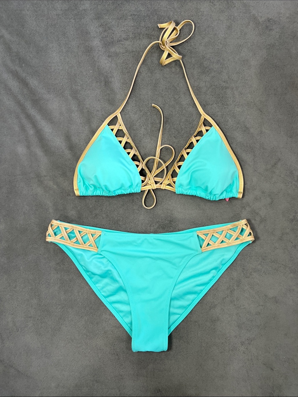 Victoria's Secret Aqua and Gold Lattice Two-Piece Bikini Set MEDIUM - Picture 5 of 11